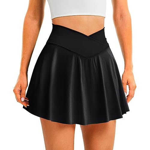 DLOODA Womens Tennis Skirt with Pockets Shorts Crossover High Waisted Athletic Skorts Skirts for Golf Running Workout (Black L)