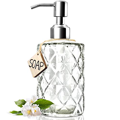JASAI Diamond Design Glass Soap Dispenser with Pump 304 Stainless Steel Bathroom Soap Dispenser for Hand Soap, Soap, Lotion (Transparent)