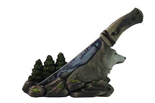DWK - Wolf Spirit Blade - Rustic Wolf Snowy Mountain Forest Scene Stainless Steel Display Knife with Decorative Figurine Holder Wildlife Nocturnal Cabin Lodge Home Décor Accent, 11-inch…