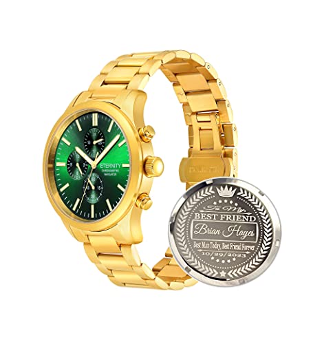 ETERNITY CHRONOMETRIC NAVIGATOR Watch, Engraved, 316L Stainless, Luminous, Japan Movement, Adjustable (Gold/Green dial)