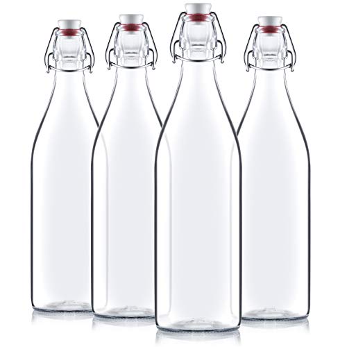 Bormioli Rocco Giara Swing Top Bottles 33 ¾ Ounce-4 Pack Round Clear Glass Grolsch Flip Top Bottle With Stopper, for Beverages, Smoothies, Kefir, Beer, Soda, Juicing, Kombucha, Water, Milk and Vinegar