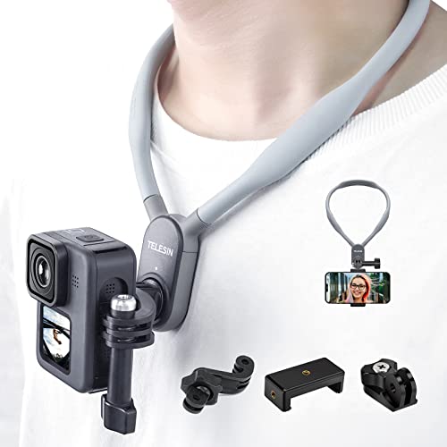 TELESIN Magnetic Neck Mount Necklace Holder Lanyard Strap w Phone Clip Vertical Adapter, Head Chest Bike Motorcycle Accessories for GoPro 12 11 10 9 Insta360 X3 Go3 Ace Pro DJI Action 4 Osmo Pocket 3