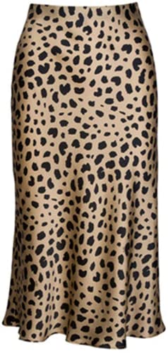 Soowalaoo High Waist Leopard Midi Skirt Hidden Elasticized Waistband Silk Satin Skirts (Leopard, M)