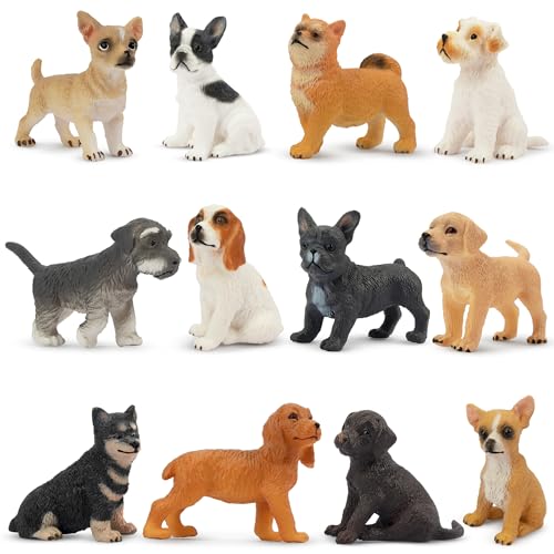 Toymany 12PCS Mini Dog Figurines Toy Set, Realistic Detailed Plastic Puppy Figures Playset, Hand Painted Dogs Animals Toy, Cake Toppers Easter Eggs Christmas Birthday Gift for Kids Toddlers