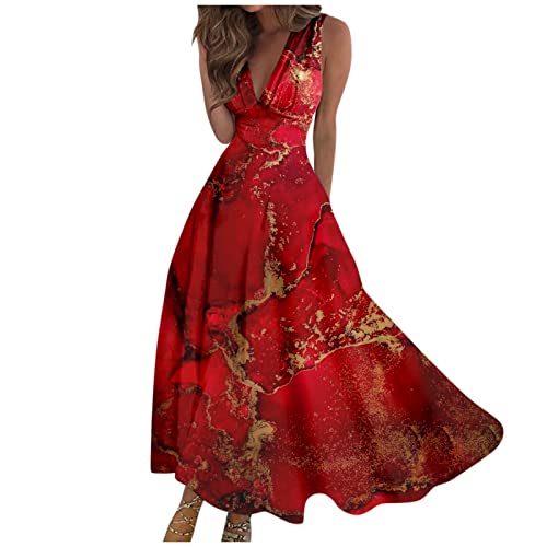 Cute Dresses for Women, Ruched Dresses for Women Slip Dress for Women Sleeveless Dress Women's Summer Maxi Trendy V Neck Ladies Casual Retraction Printed Fashion Boho Loose Waist (Red,3X-Large)