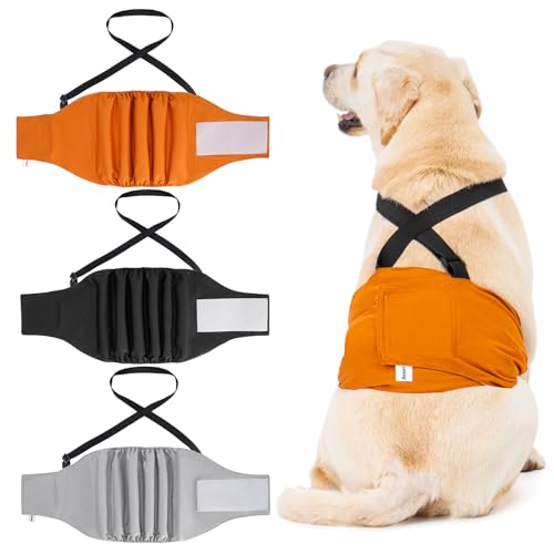Avont 3 Pack Washable Dog Diapers Male Reusable Male Dog Wraps with Suspenders, Highly Absorbent Belly Bands Pee Wrap for Boy Doggie -M Black/Grey/Brown