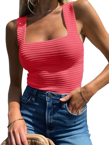 BZB Ribbed Tank Tops for Women 2024 Square Neck Summer Tops Fitted Pink Tops for Women Ribbed Shirts