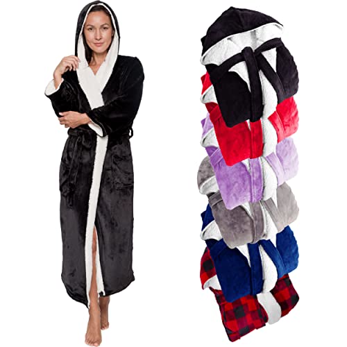 Silver Lilly Womens Robe Hooded Sherpa Lined - Long Plush Soft Luxury Bathrobe