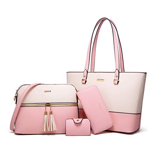 Women Fashion Synthetic Leather Handbags Tote Bag Shoulder Bag Top Handle Satchel Purse Set 4pcs