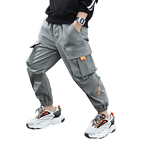 Rolanko Boys' Cargo Pants Casual Kids Joggers Elastic Waist Outdoor Hiking Baggy Trousers 4-14 Years (Gray, 12-14)