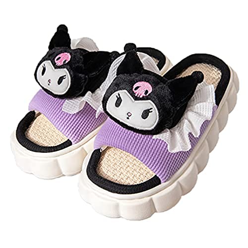 FUDEXING Kawaii Slippers For Women Fuzzy Cute Cartoon Shoes Warm Soft Sole Non-Slip Lightweight Slippers Linen Home Slippers (39-40), Purple, 8-8.5 Women/6.5-7 Men