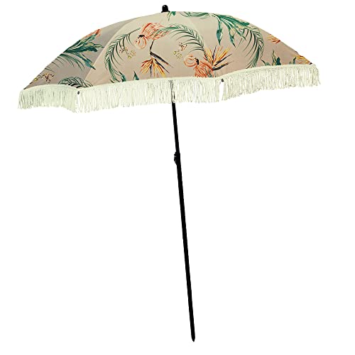 Beach Umbrella for Sand – Best Beach Umbrella Windproof with Sand Anchor Portable Sport Umbrella, Fringe, Denim Beach Umbrella Bag, Features Pointed Bottom & 100% UV Sun Protection – Bahama (Flamingo)