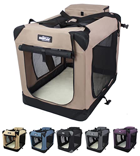 EliteField 3-Door Folding Soft Dog Crate with Carrying Bag and Fleece Bed (2 Year Warranty), Indoor & Outdoor Pet Home (36' L x 24' W x 28' H, Khaki)