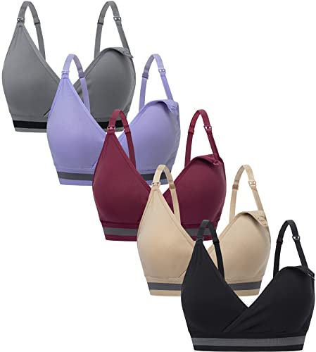 Suekaphin 5Pack Nursing Bra Deep V Neck for Breastfeeding,Plus Size Maternity Bralette Wirefree Padded Cup Nursing Bra,XXLarge,Black/Beige/Gray/Lightpurple/Burgundy