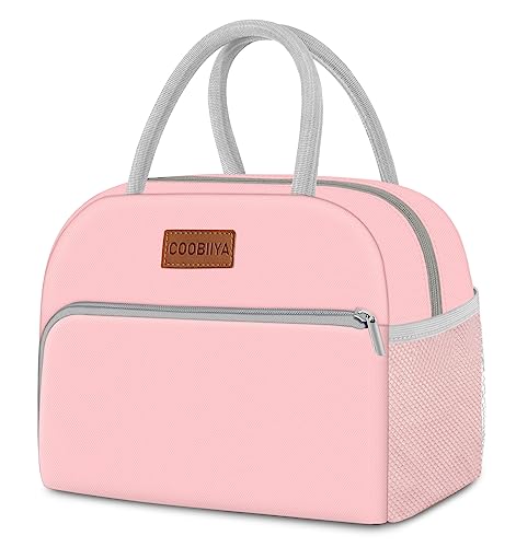 Coobiiya Lunch Bag for Women Men, Insulated Reusable Picnic Bag, 10.8'L x 6.3'W x 8.85'H, Pink