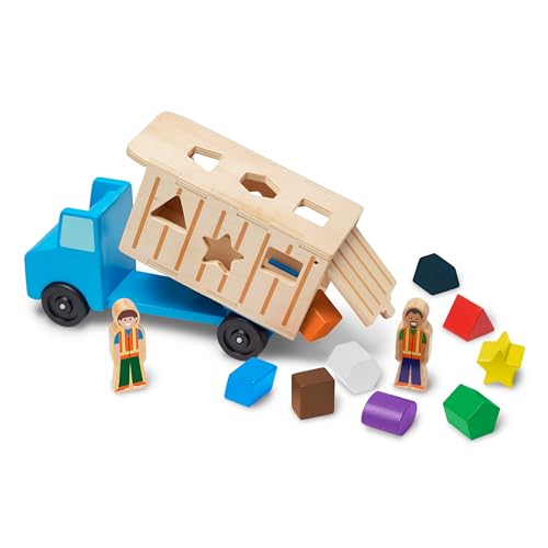 Melissa & Doug Shape-Sorting Wooden Dump Truck Toy With 9 Colorful Shapes and 2 Play Figures - Vehicle /Shape Sorter Toys For Toddlers Ages 2+