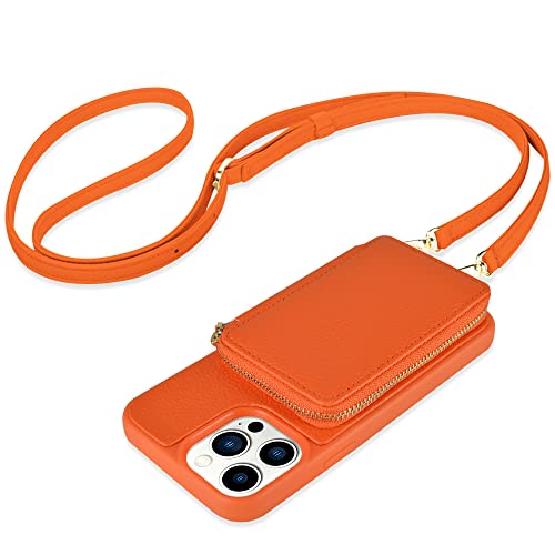 ZVE iPhone 13 Pro Max Crossbody Wallet Case, Zipper Phone Case with RFID Blocking Card Holder Wrist Strap Cover Gift for Women Compatible with iPhone 13 Pro Max -Orange