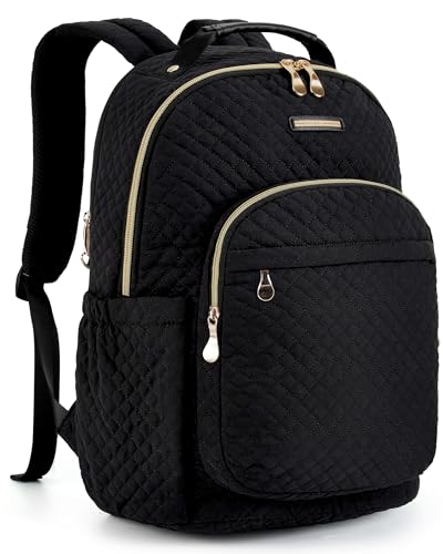 LIGHT FLIGHT Travel Laptop Backpack for Women, 15.6 Inch Anti Theft Laptop Backpack with USB Charging Hole Water Resistant Computer Backpack for Work, Quilted Black