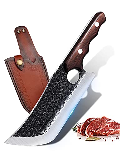DRGSKL Hand Forged Meat Cleaver Knife Fathers Butcher Knife for Meat Cutting Full Tang Chef Knife with Belt Sheath and Gift Box High Carbon Steel Knife for Kitchen or Camping Christmas Gift
