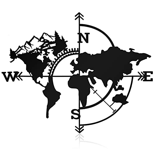 Moxweyeni Metal World Map Wall Art World Map Without Borders Wall Decor Compass Wall Hanging Art for Home Office Bedroom Living Room Decoration, 24 x 19 Inches