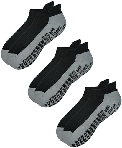 RATIVE Super Grips Anti Slip Non Skid Yoga Hospital Socks for Adults Men Women (Large, 3-Pairs/Black)