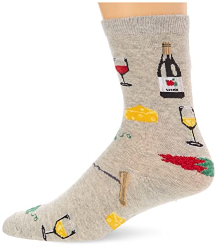 K. Bell Socks Women's Fun Happy Hour Funny Novelty Crew Socks, Wine & Cheese (Grey), Shoe Size: 4-10