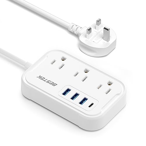 BESTEK UK Travel Plug Adapter: US to UK Plug Adapter - Type G Adapter and Converter Power Strip with 3 AC Outlets and 4 USB(1 PD20W) - for USA to UK Ireland Scotland Hong Kong British London 2.6ft