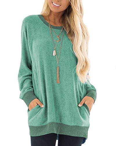 GADEWAKE Womens Casual Color Block Long Sleeve Round Neck Pocket T Shirts Blouses Sweatshirts Tops Green