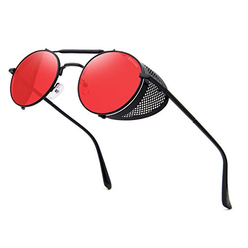 RONSOU Steampunk Style Round Vintage Sunglasses Retro Eyewear UV400 Protection Matel Frame black&red