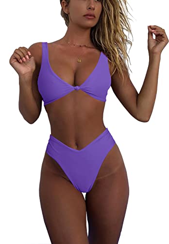 geluboao Dark Purple Bikini Sets for Women Solid V Neck Knot Front Push Up Bikini Bra Cheeky Brazilian Cut High Leg Thong Bikini Bottom M