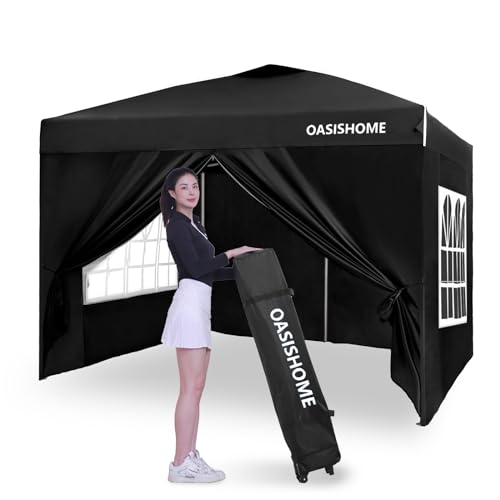 OASISHOME Pop-up Gazebo Instant Portable Canopy Tent 10'x10', with 4 Sidewalls, Windows, Wheeled Bag, for Patio/Outdoor/Wedding Parties and Events (10FTx10FT, Black)