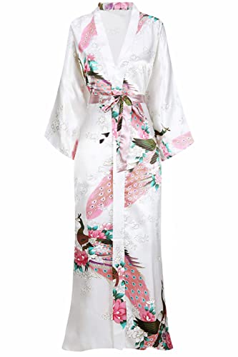 BABEYOND Women's Kimono Robe Long Robes with Peacock and Blossoms Printed Kimono Nightgown