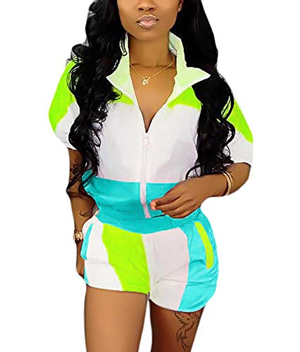 VOIKERDR Summer Windbreaker Short Sleeve Colorblock Zipper up Tops And Striped Short Pants Tracksuit Set Blue XL