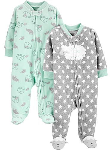 Simple Joys by Carter's Baby 2-Pack Neutral Fleece Footed Sleep and Play, Grey Stars/Mint Green Elephant, Newborn