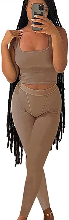 ZFLM Casual Workout Sets Two Piece Outfits for Women Ribbed Crop Tank Top High Waist Yoga Leggings Active Wear