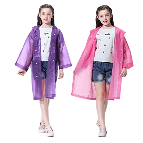 YUNLOVXEE Rain Poncho for Kids Raincoat, 2-5 Pack Reusable EVA Rain Coats for 6-14 Boys Girls, Rain Jackets Gear with Hood (Pink+Purple)