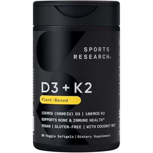 Sports Research Vitamin D3 K2 with Coconut Oil | Plant Based Vitamin K2 MK7 + Vegan D3 5000iu | Vegan Certified, Soy & Gluten Free - 60 Count Softgels
