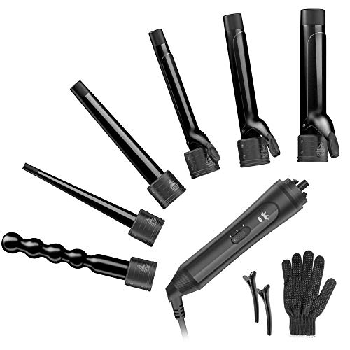 6-IN-1 Curling Iron, Professional Curling Wand Set, Instant Heat Up Hair Curler with 6 Interchangeable Ceramic Barrels (0.35'' to 1.25'') and 2 Temperature Adjustments, Heat Protective Glove & 2 Clips