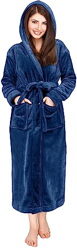 NY Threads Womens Fleece Hooded Bathrobe Plush Long Robe, Large, Navy