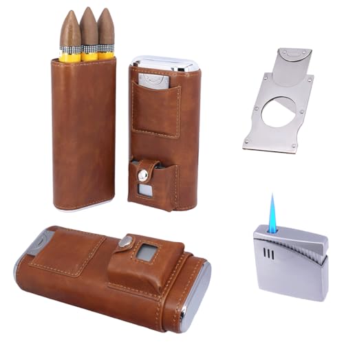 AMANCY Deluxe Portable 3 Holder Cigar Case Set With Lighter and Cutter Great Gift Kit