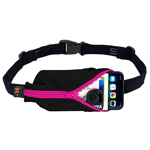 SPIbelt Large Pocket Running Belt for Women Men, Phone Holder for Running, Running Fanny Pack, Holder for Phone, Running Waist Pack, Expandable, Adjustable. Black with Hot Pink Zipper