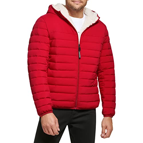 Calvin Klein Men's Hooded Down Jacket, Quilted Coat, Sherpa Lined, Deep Red, Medium