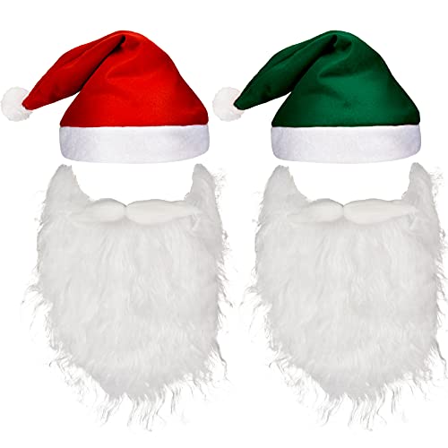 4 Pieces Christmas Holiday Accessories Include 2 Pieces White Santa Beard and Moustache, 2 Pieces Santa Claus Hats Unisex Christmas Hats for Christmas Party