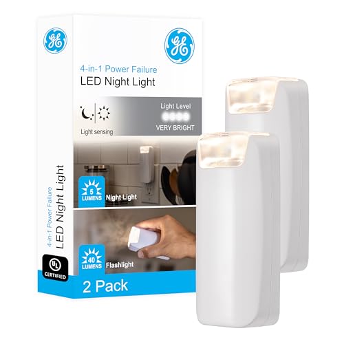 GE 4-in-1 LED Power Failure Light, 2 Pack, Plug-In, Dusk-to-Dawn Sensor, Auto On/Off, 40 Lumens, Functions as an Emergency Flashlight, Task Light, LED Night Light, & Power Failure Light, White, 49578