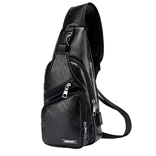 JUMO CYLY Men's Leather Sling Bag,Chest Shoulder Daypack Waterproof Crossbody Bag with USB