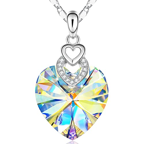 PLATO H 3 Heart Crystal Necklace for Women Anniversary Day Gifts for her Aurora Pendant Crystal Jewelry Necklace for Girl Wedding Gifts for Mother's Day Valentine’s Day Birthday