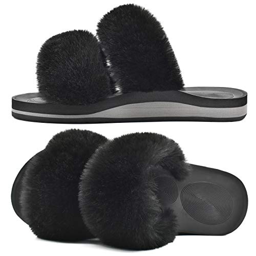 COFACE Fluff Womens Slippers Faux Fur Cute Bedroom Slip On Orthotic Slippers with Arch Support for Plantar Fasciitis Relief Black，size 8.5