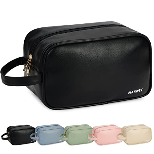 Narwey Vegan Leather Travel Toiletry Bag for Women and Men Traveling Dopp Kit Makeup Bag Organizer for Toiletries Accessories Cosmetics (P-Black)