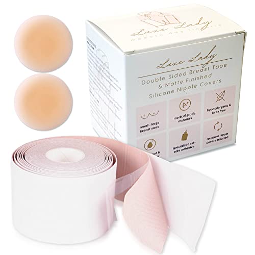 Luxe Lady Double Sided Boob Tape Invisible Bra Breast Tape Lift (1 Roll) & Nipple Covers (1 Pair) | Boobtape for Breast Lift Tape, Bra Tape Lift for Breast, Dress Tape Double Sided Body Tape for Breast, Fashion Tape Double Sided Tape for Clothes