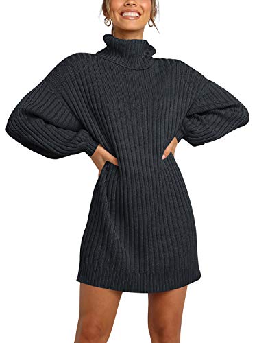 ANRABESS Women Sweater Dress Oversized Turtleneck Batwing Sleeve Short Dresses Chunky Knit Pullover Sweater 2023 Fall Trendy Clouthes Casual Loose Knee Length Mini Dress Black A240hei-M